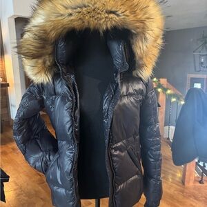 Women's Black Puffer Jacket with Faux Fur Hood